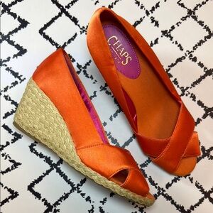 CHAPS Women’s Orange Wedge Espadrilles Peep-Toe - US Size 7.5 B - GUC